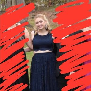Navy Blue Lace Two-Piece Full Skirt Prom Dress Size 7 or 6/8